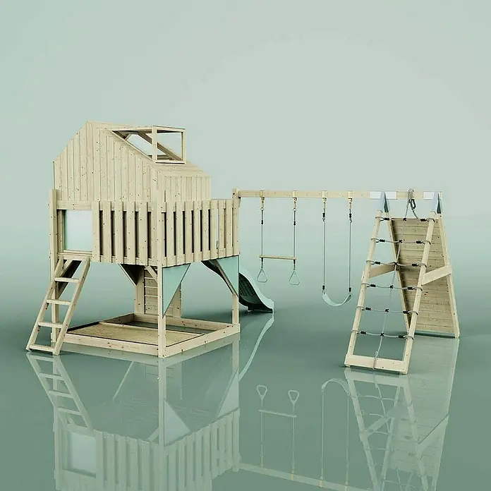 OutdoorToys Klettergerüst Oscar - 472 x 415 x 292 cm, Holz, Grün - Holzspielplatz mit Kletterturm, Rutsche und Schaukel für stundenlangen Spielspaß im Freien. Ideal für Kinder zum Austoben und Entdecken.