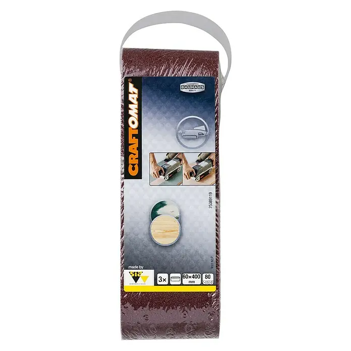 Craftomat Lija de banda - L x An: 400 x 60 mm, Grano: 80, 3 ud. - Lijas de banda Craftomat, grano 80, para lijadoras de banda, 60x400 mm, 3 unidades para carpintería y lijado de superficies.