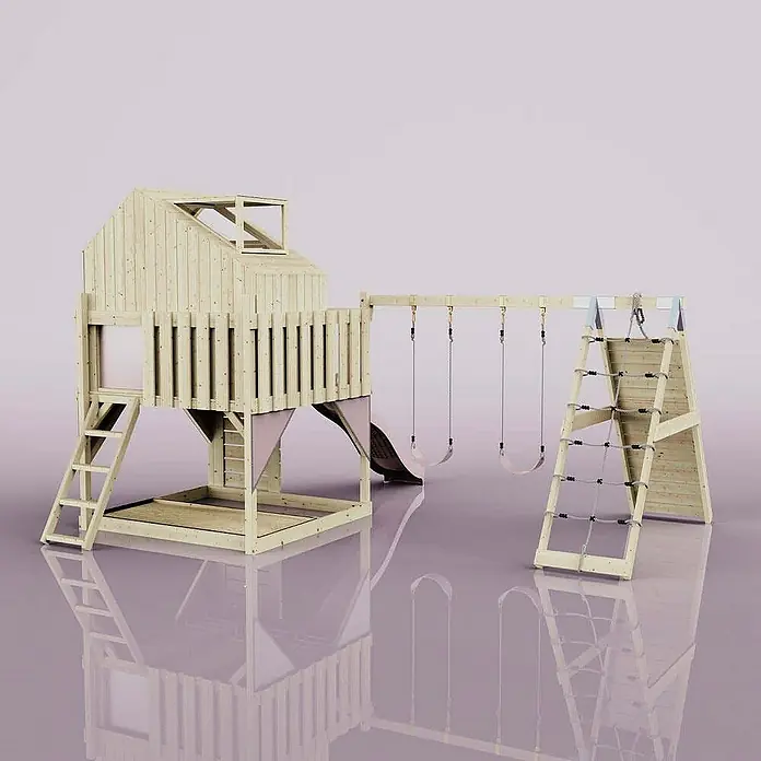 OutdoorToys Klettergerüst Oscar - 472 x 415 x 292 cm, Holz, Rosa - Ein hölzernes Spielhaus mit Rutsche, Schaukeln und Kletterwand. Das Spielhaus bietet viel Spaß und Bewegung im Garten.