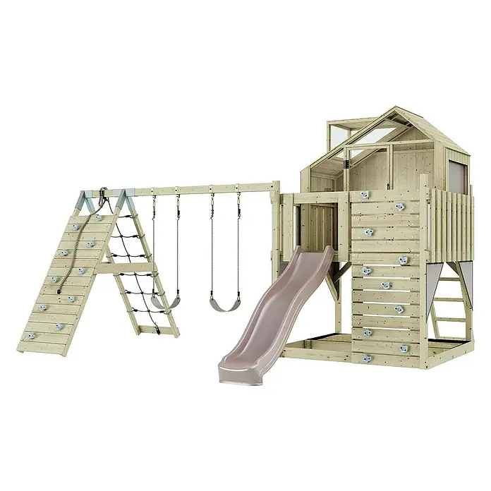 OutdoorToys Klettergerüst Oscar - 472 x 415 x 292 cm, Holz, Rosa - Ein hölzerner Spielplatz mit Schaukeln, Rutsche und Kletterwand bietet Kindern vielfältige Spielmöglichkeiten im Freien.