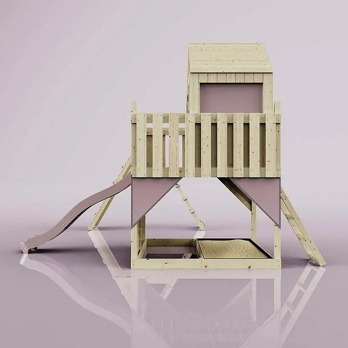 OutdoorToys Klettergerüst Oscar - 472 x 415 x 292 cm, Holz, Rosa - Abbildung eines hölzernen Kinderspielhauses mit Rutsche und Sandkasten, ideal für den Garten.