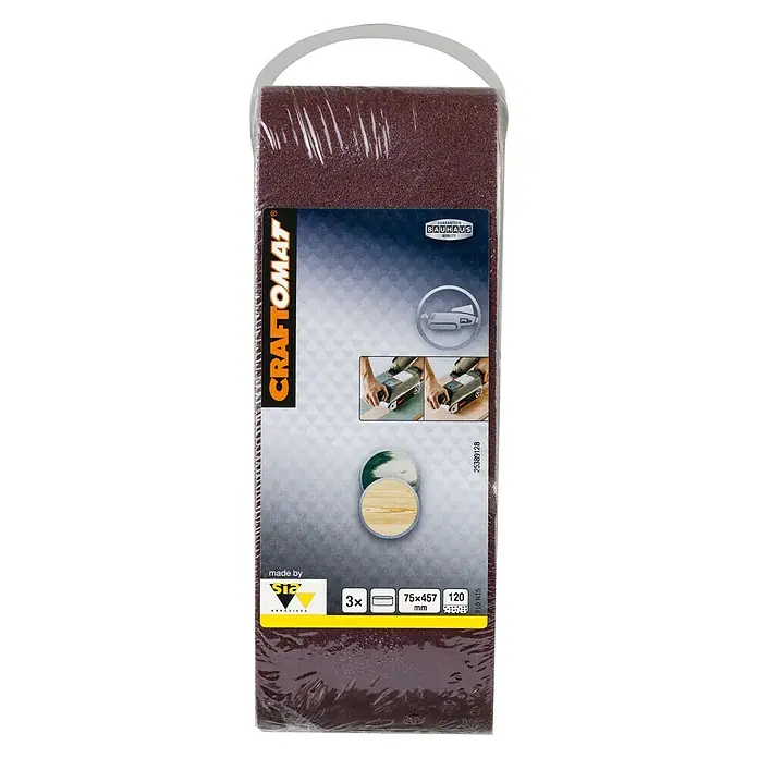Craftomat Lija de banda - L x An: 457 x 75 mm, Grano: 120, 3 ud. - Imagen del producto de un paquete de papel de lija CRAFTOMAT, perfecto para lijadoras de banda, grano 120, dimensiones 75x457 mm, en un práctico paquete de 3.