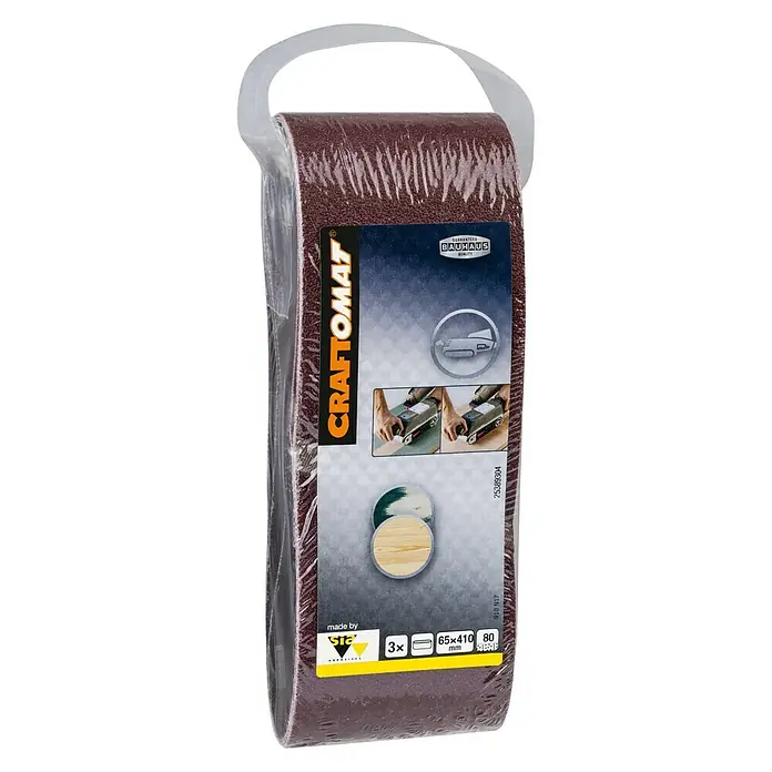 Craftomat Lija de banda - L x An: 410 x 65 mm, Grano: 80, 3 ud. - Paquete de bandas de lijadora Craftomat, grano 80, de 65x410mm, en un envoltorio de plástico transparente con asa.
