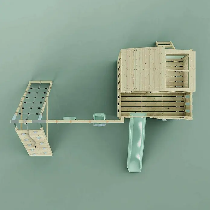 OutdoorToys Klettergerüst Finn - 472 x 415 x 292 cm, Holz, Grün - Holzspielhaus mit Rutsche, Kletternetz und Kletterwand für Kinder. Ideal für den Garten und den Spielplatz.