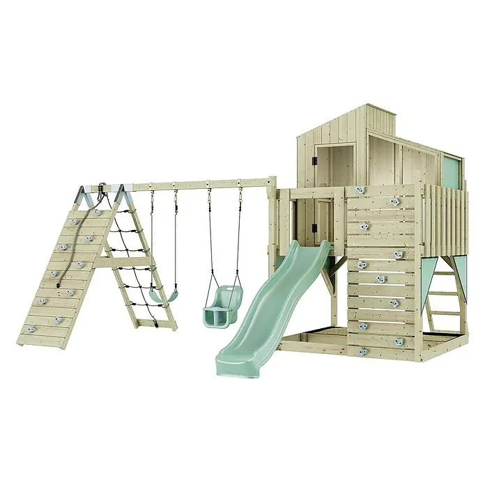 OutdoorToys Klettergerüst Finn - 472 x 415 x 292 cm, Holz, Grün - Ein hölzernes Spielhaus mit Schaukeln, Kletterwand und Rutsche für stundenlangen Spielspaß im Garten.