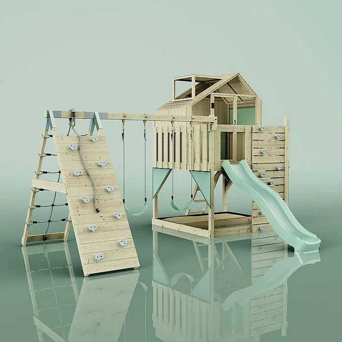 OutdoorToys Klettergerüst Oscar - 472 x 415 x 292 cm, Holz, Grün - Holzspielplatz mit Kletterwand, Schaukeln und Rutsche, ideal für aktiven Spaß im Freien. Fördert spielerisch die Bewegung.