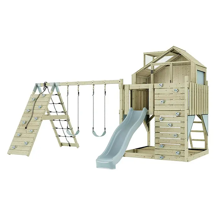 OutdoorToys Klettergerüst Oscar - 472 x 415 x 292 cm, Holz, Blau - Holzspielplatz mit Turm, Rutsche, Schaukeln und Kletterwand für stundenlangen Spielspaß im Freien.