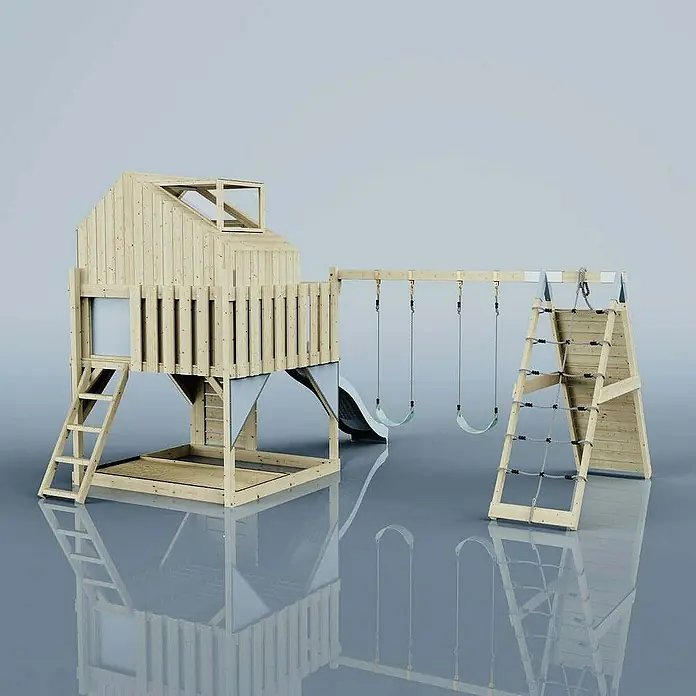 OutdoorToys Klettergerüst Oscar - 472 x 415 x 292 cm, Holz, Blau - Holzspielhaus mit Rutsche, Schaukeln und Kletterwand für Kinder zum Spielen und Austoben im Garten.