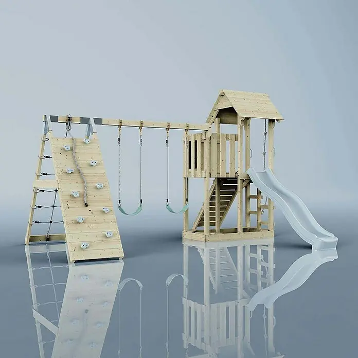 OutdoorToys Klettergerüst Roskilde - Holz, Blau - Holzspielplatz mit Kletterwand, Schaukeln, Turm und Rutsche für aktive Kinder.