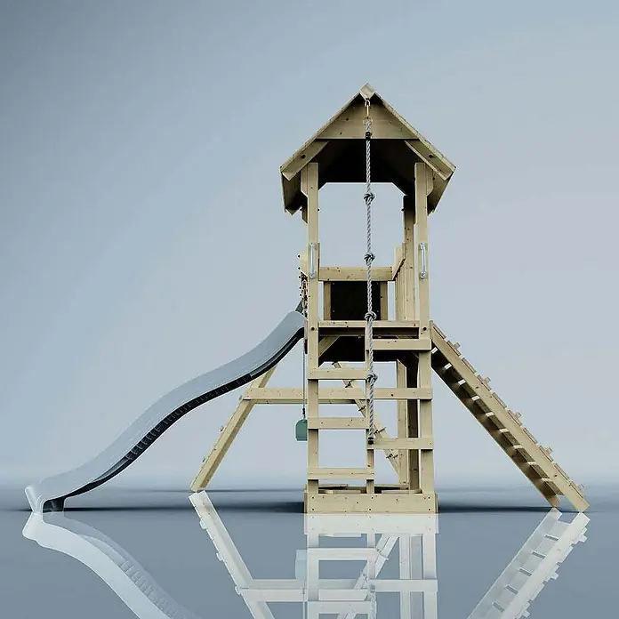 OutdoorToys Klettergerüst Roskilde - Holz, Blau - Holzspielturm mit Rutsche, Kletterwand und Seilaufstieg für Kinder. Ideal für den Garten oder den Spielplatz.