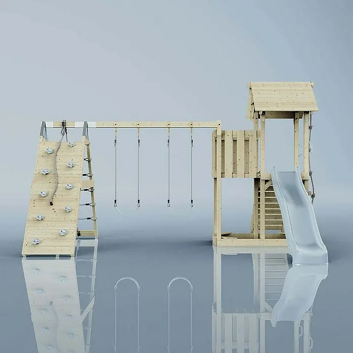 OutdoorToys Klettergerüst Roskilde - Holz, Blau - Spielplatzanlage aus Holz mit Kletterwand, Schaukel und Rutsche für Kinder zum Spielen und Spaß haben im Garten.