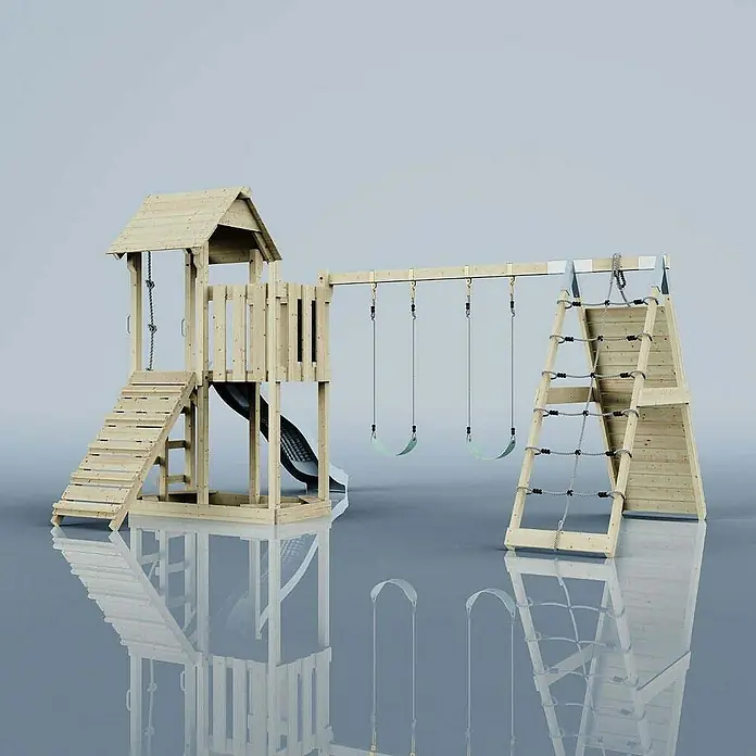 OutdoorToys Klettergerüst Roskilde - Holz, Blau - Ein hölzernes Spielgerüst mit Rutsche, Schaukeln und Kletterwand für Kinder zum Spielen im Freien.