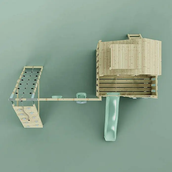 OutdoorToys Klettergerüst Oscar - 472 x 415 x 292 cm, Holz, Grün - Übersicht des Outdoor-Spielplatzes mit Kletterwand, Rutsche und Spielhaus, ideal für Kinder zum Spielen im Freien.