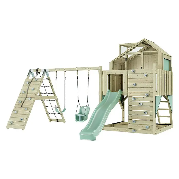 OutdoorToys Klettergerüst Oscar - 472 x 415 x 292 cm, Holz, Grün - Abenteuerlicher Outdoor-Spielplatz aus Holz mit Rutsche, Schaukeln und Kletterwand für unvergesslichen Spielspaß im Garten.
