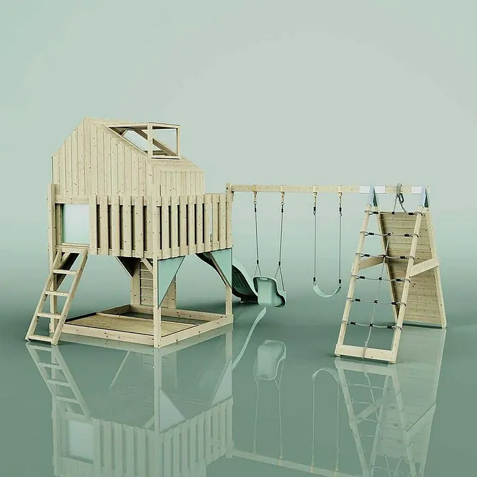 OutdoorToys Klettergerüst Oscar - 472 x 415 x 292 cm, Holz, Grün - Holzspielplatz mit Rutsche, Schaukeln und Kletterwand für Kinder. Ideal für den Garten, um Spaß zu haben.