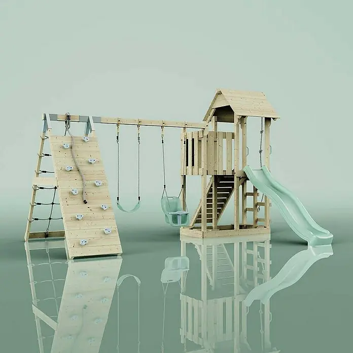 OutdoorToys Klettergerüst Roskilde - Holz, Grün - Hölzernes Spielgerät mit Schaukel, Rutsche und Kletterwand. Perfekt für den Garten und stundenlangen Spielspaß im Freien.