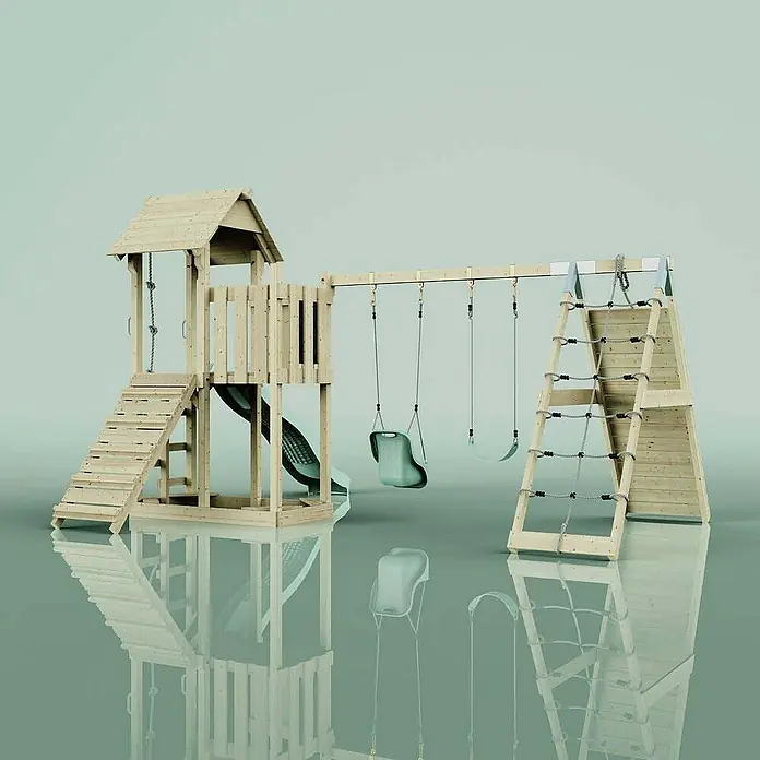 OutdoorToys Klettergerüst Roskilde - Holz, Grün - Holzspielplatz mit Rutsche, Schaukeln und Kletterwand, ideal für Kinder zum Spielen im Freien.