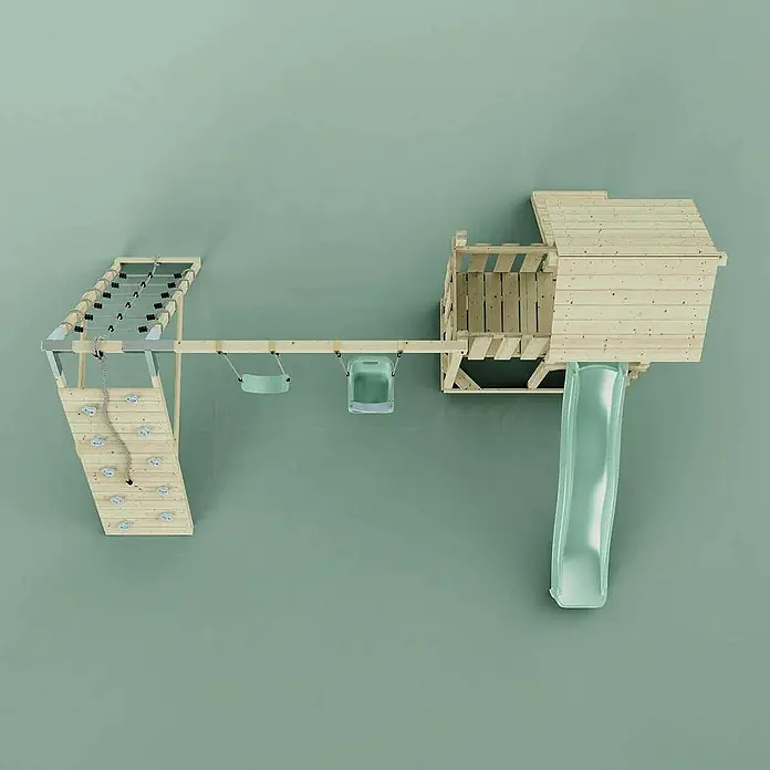 OutdoorToys Klettergerüst Roskilde - Holz, Grün - Produktansicht des Indoor-Spielplatzes mit Kletterwand, Schaukeln, Spielhaus und Rutsche, ideal für Kinder.