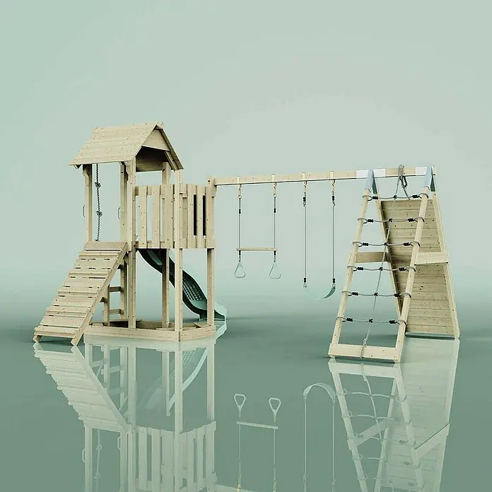 OutdoorToys Klettergerüst Roskilde - Holz, Grün - Holzspielplatz mit Rutsche, Schaukel und Kletterwand. Ideal für den Garten und bietet viel Spaß für Kinder.