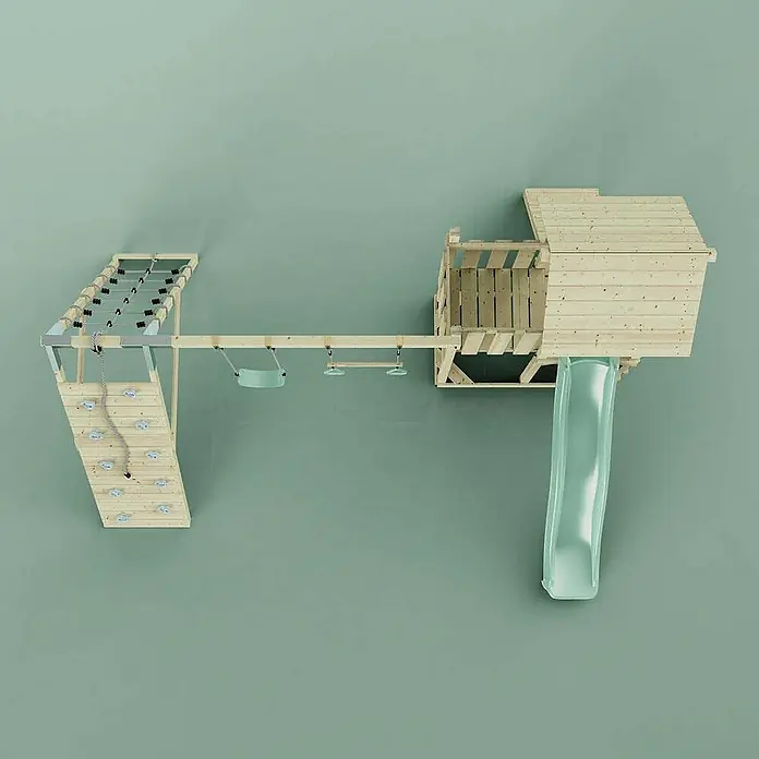 OutdoorToys Klettergerüst Roskilde - Holz, Grün - Holzspielplatz mit Kletterwand, Schaukel und Rutsche für Kinder zum Spielen und Toben im Garten oder im Haus.