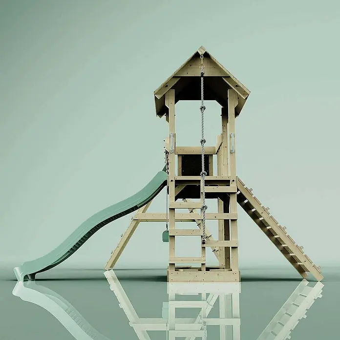 OutdoorToys Klettergerüst Roskilde - Holz, Grün - Ein hölzerner Spielturm mit Rutsche, Kletterseil und Leiter für den Garten. Ideal für Kinder zum Spielen und Austoben im Freien.