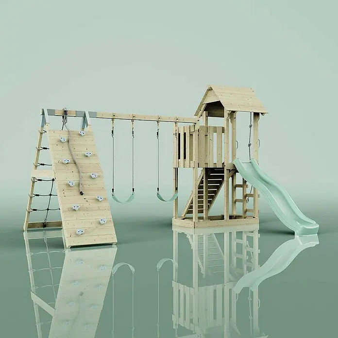 OutdoorToys Klettergerüst Roskilde - Holz, Grün - Ein hölzerner Spielplatz mit Kletterwand, Schaukeln, Turm, Treppe und Rutsche, ideal für stundenlangen Spaß im Freien.