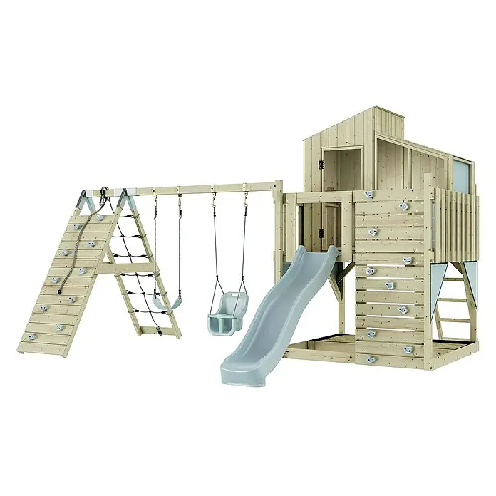 OutdoorToys Klettergerüst Finn - 472 x 415 x 292 cm, Holz, Blau - Holzspielplatz mit Rutsche, Schaukeln und Kletterwand für stundenlangen Spielspaß im eigenen Garten.