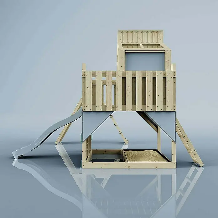 OutdoorToys Klettergerüst Finn - 472 x 415 x 292 cm, Holz, Blau - Attraktiver Spielturm mit Rutsche, Kletterwand und Sandkasten für Kinder zum Spielen im Freien.