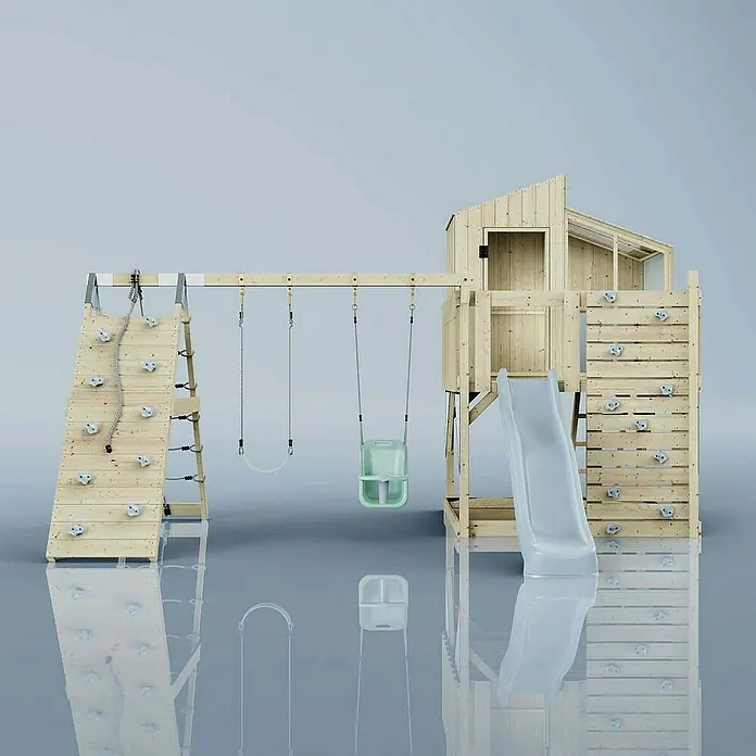 OutdoorToys Klettergerüst Finn - 472 x 415 x 292 cm, Holz, Blau - Kinderspielplatz mit Kletterwand, Schaukel und Rutsche aus hellem Holz. Perfekt für den Garten zum Spielen und Toben im Freien.