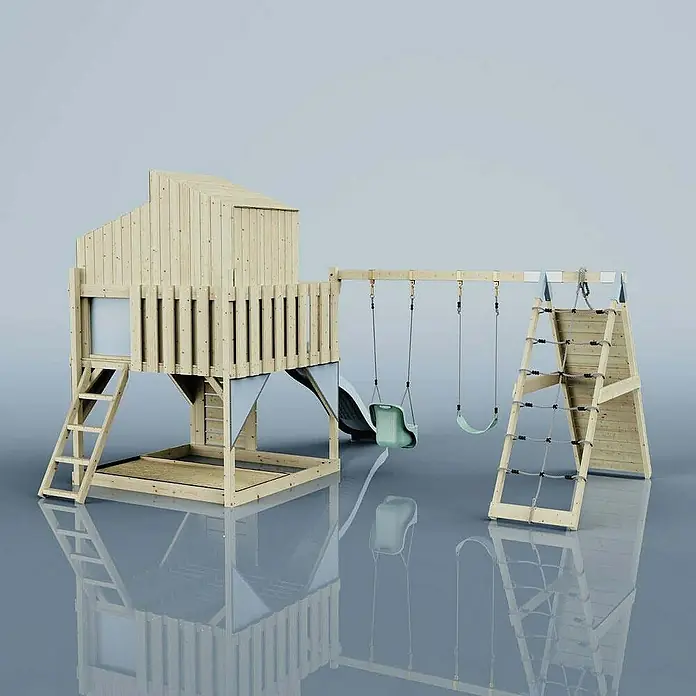 OutdoorToys Klettergerüst Finn - 472 x 415 x 292 cm, Holz, Blau - Holzspielplatz mit Rutsche, Schaukeln und Klettergerüst. Perfekt für stundenlangen Spaß im Garten! Ideal für aktive Kinder.