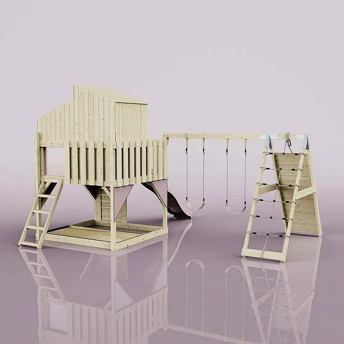 OutdoorToys Klettergerüst Finn - 472 x 415 x 292 cm, Holz, Rosa - Holzspielplatz mit Turm, Rutsche, Schaukeln und Kletterwand. Ein tolles Spielgerät für den Garten für stundenlangen Spielspaß im Freien.