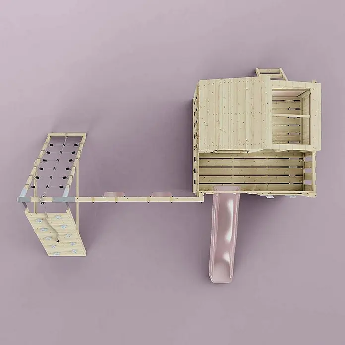 OutdoorToys Klettergerüst Finn - 472 x 415 x 292 cm, Holz, Rosa - Kinderspielplatzanlage mit Kletterwand, Hängebrücke, Rutsche und Spielhaus. Ideal für Abenteuer im eigenen Garten.