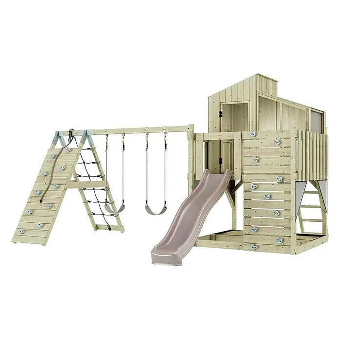OutdoorToys Klettergerüst Finn - 472 x 415 x 292 cm, Holz, Rosa - Das Bild zeigt einen großen Spielturm mit Schaukeln, Kletterwand und Rutsche aus hellem Holz, ideal für den Garten.
