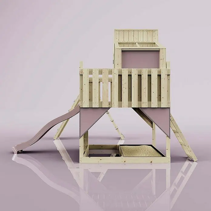 OutdoorToys Klettergerüst Finn - 472 x 415 x 292 cm, Holz, Rosa - Holzspielturm mit Rutsche, Kletterwand und Sandkasten für Kinder zum Spielen und Spaßhaben im Garten.