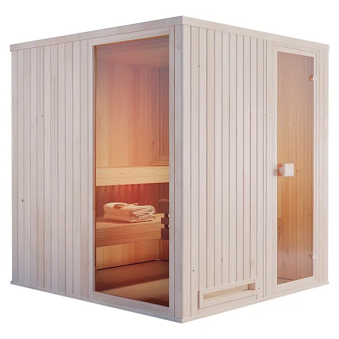 FinnTherm Massivholzsauna Miranda - L x B x H: 244 x 244 x 199 cm - Eine Holztrockensauna mit Glastür und Sitzbänken. Die Sauna ist mit Handtüchern ausgestattet.