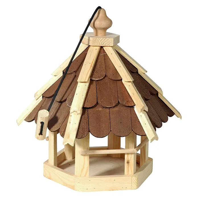 Dobar Vogelhaus - 33 x 29 x 36 cm, Natur/Braun - Ein detailreiches Vogelhaus mit Holzschindeln und einem dekorativen Aufsatz, ideal für jeden Garten.