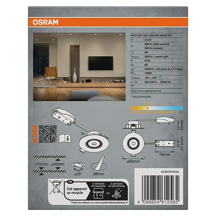 Osram LED-Einbauleuchten-Set rund - 4,9 W, Ø x H: 9 cm x 3,5 mm, Weiß, 3 Stk., Warmweiß - Produktverpackung für ein OSRAM SPOT SET ADJ 4.9W 830 36DEG WT LED-Einbaustrahler-Set mit technischen Daten und Abmessungen.