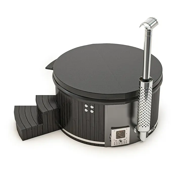 FinnTherm Hot Tub Stockholm "Spa Edition" Deluxe - 180 cm, Nordische Holz, Schwarz - Abbildung eines stilvollen, runden Whirlpools mit integriertem Holzofen und Treppe für einfachen Zugang.
