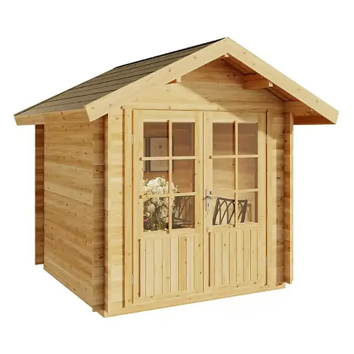 Alpholz Gerätehaus Palma - Außenbreite inkl. Dachüberstand: 260 cm, Außentiefe inkl. Dachüberstand: 261 cm, Holz, Naturbelassen - Eine helle Holzgartenlaube mit Doppeltür und Fenstern, die eine gemütliche und einladende Atmosphäre verspricht.