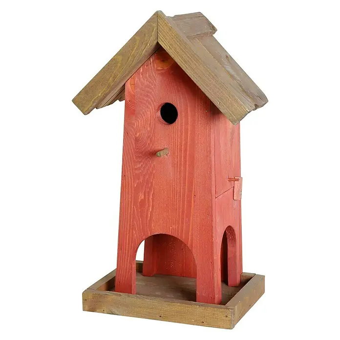 Dobar Vogelhaus Penthouse - 26,5 x 18,5 x 45 cm, Holz, Rot/Braun - Rotes Vogelhaus aus Holz mit braunem Dach und rustikalem Design für den Garten.
