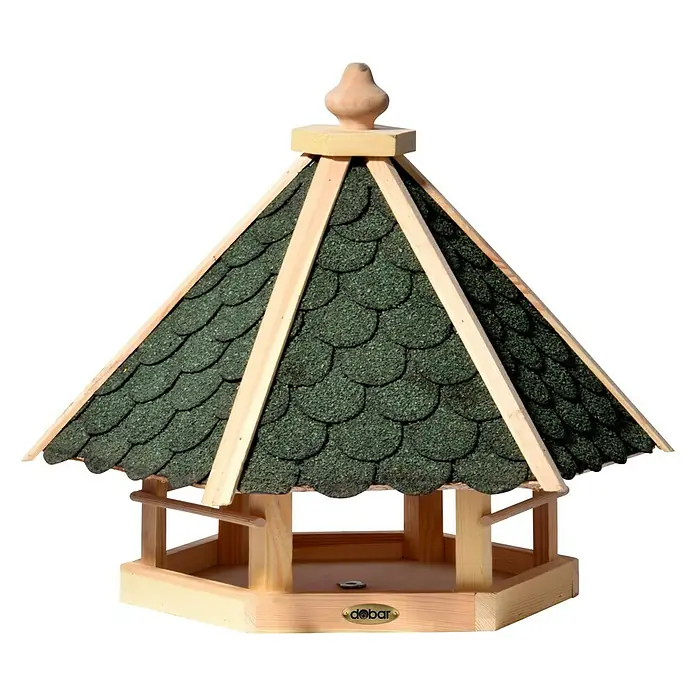 Dobar Vogelhaus - Holz, Grün/Braun - Ein detailreiches Foto eines hölzernen Vogelhauses mit grünem Dach, das zum Aufhängen oder Aufstellen im Garten geeignet ist.