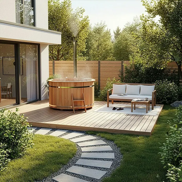 FinnTherm Hot Tub Bergen - 180 cm, Nordische Holz|Holz|Holz|Holz, Naturbelassen - Einladender Außenbereich mit einem runden Holz-Whirlpool auf einer Terrasse, umgeben von Grün und einem gemütlichen Sitzbereich.