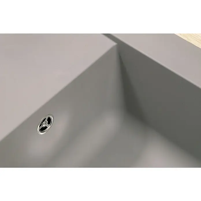 Respekta Einbauspüle Denver - 100 x 50 cm, Betongrau, Anzahl Becken: 1 Stk. - Detailaufnahme eines modernen, grauen Spülbeckens mit einem eleganten Abfluss. Das minimalistische Design fügt sich nahtlos in jede Küche ein.