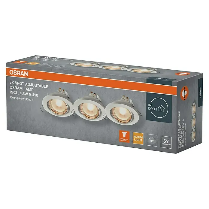 Osram LED-Einbauleuchten-Set rund - 4,5 W, Ø x H: 9 x 3,4 cm, Weiß, 3 Stk., Warmweiß - Bild einer Osram 3er-Packung verstellbarer LED-Spots mit GU10-Fassung, ideal für die Innenraumbeleuchtung.