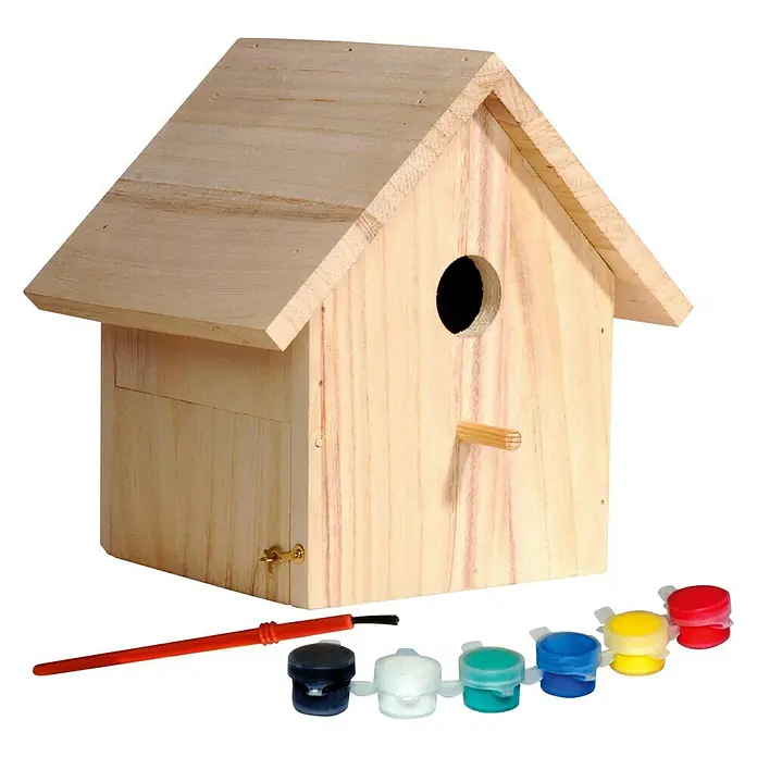Dobar Nistkasten - 17,5 x 15,5 x 20,5 cm, Natur - Bausatz für ein unbehandeltes Vogelhaus mit Farben und Pinsel zum individuellen Gestalten für den Garten oder Balkon.