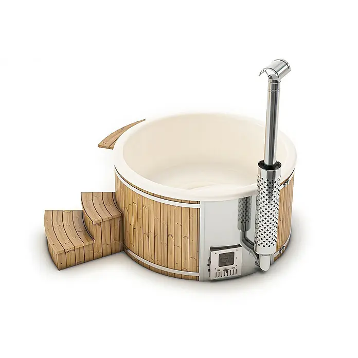 FinnTherm Hot Tub Stockholm - 180 cm, Nordische Holz, Naturbelassen - Holzbefeuerter Badezuber mit Treppe für ein entspannendes Badeerlebnis im Garten.