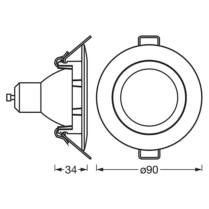 Osram LED-Einbauleuchten-Set rund - 4,5 W, Ø x H: 9 x 3,4 cm, Weiß, 3 Stk., Warmweiß - Technische Zeichnung eines runden LED-Einbaustrahlers mit den Maßen ø90 mm und einer Einbautiefe von 34 mm.