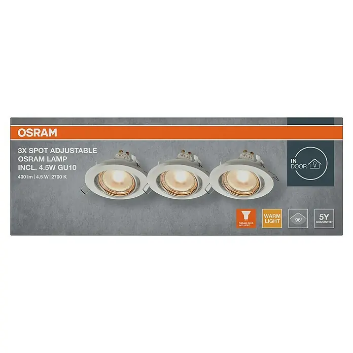 Osram LED-Einbauleuchten-Set rund - 4,5 W, Ø x H: 9 x 3,4 cm, Weiß, 3 Stk., Warmweiß - Bild einer Osram 3x Spot Adjustable Lampe mit 4,5W GU10 Fassung. Ideal für Innenräume, warmweißes Licht und 5 Jahre Garantie.