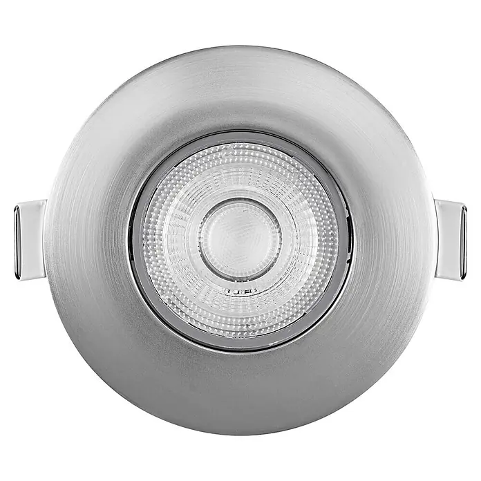 Osram LED-Einbauleuchten-Set rund - 4,9 W, Ø x H: 9 cm x 3,5 mm, Satin Nickel, 3 Stk., Warmweiß - Nahaufnahme einer runden, gebürsteten Metalleinbauleuchte mit LED-Lichtquelle. Ideal für moderne Innenräume und energieeffiziente Beleuchtung.