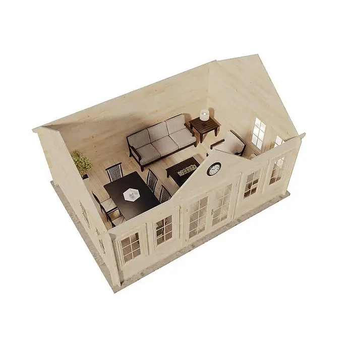 Alpholz Gartenhaus CLOCKHOUSE® XL - Außenmaß inkl. Dachüberstand (B x T): 570 x 410 cm, Holz, Pinie - Helle Holzblockhütte mit einladendem Wohnbereich, Essbereich und gemütlicher Einrichtung für entspannte Stunden.